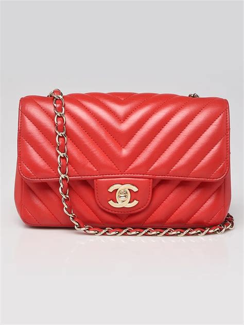 Chanel Red Chevron Quilted Lambskin Leather Classic 